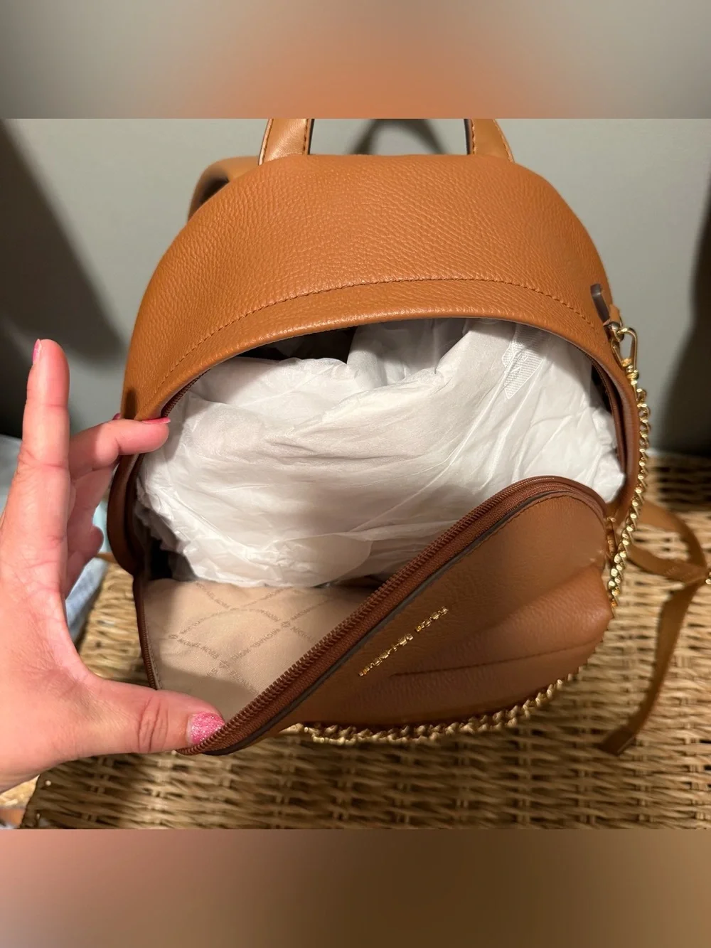 Michael Kors Medium Leather Backpack in Saddle Brown with Gold Chain